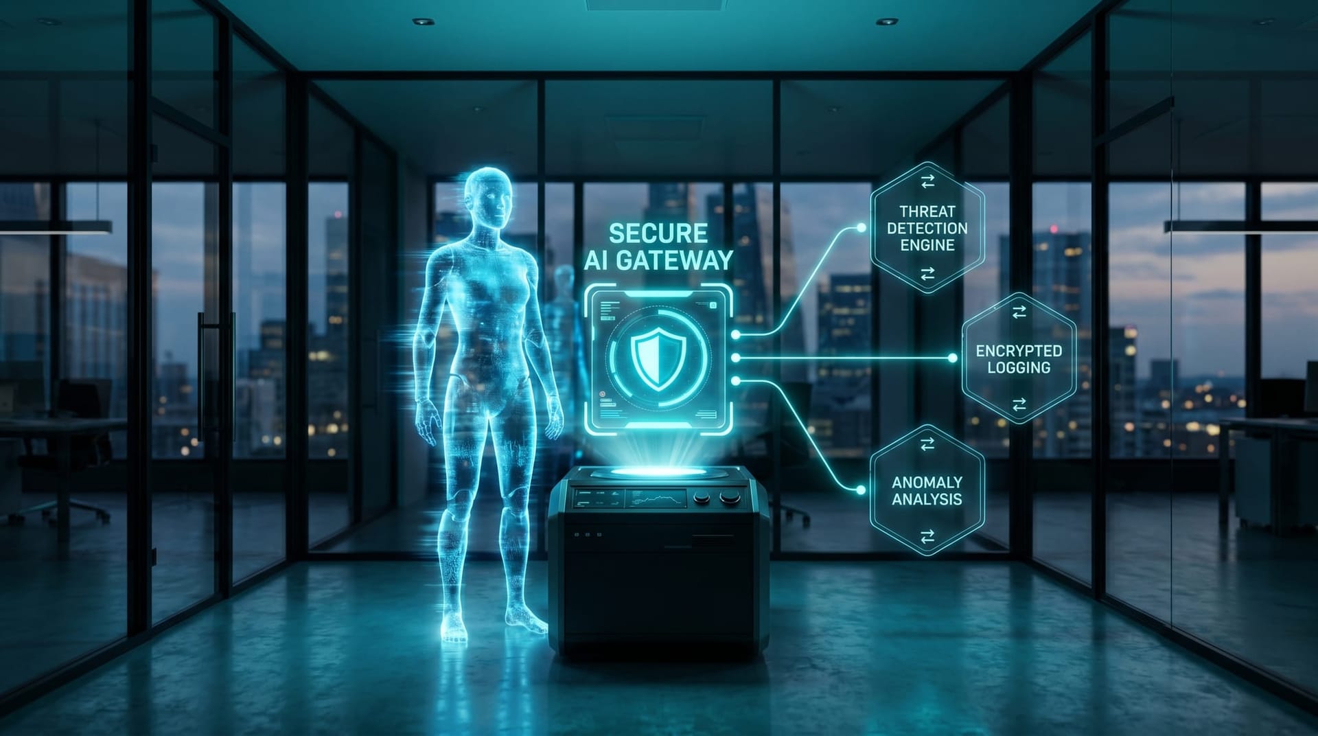 A translucent cyan AI Employee avatar at a central gateway hub routing requests to several swappable model panels, showing a secure AI gateway architecture.
