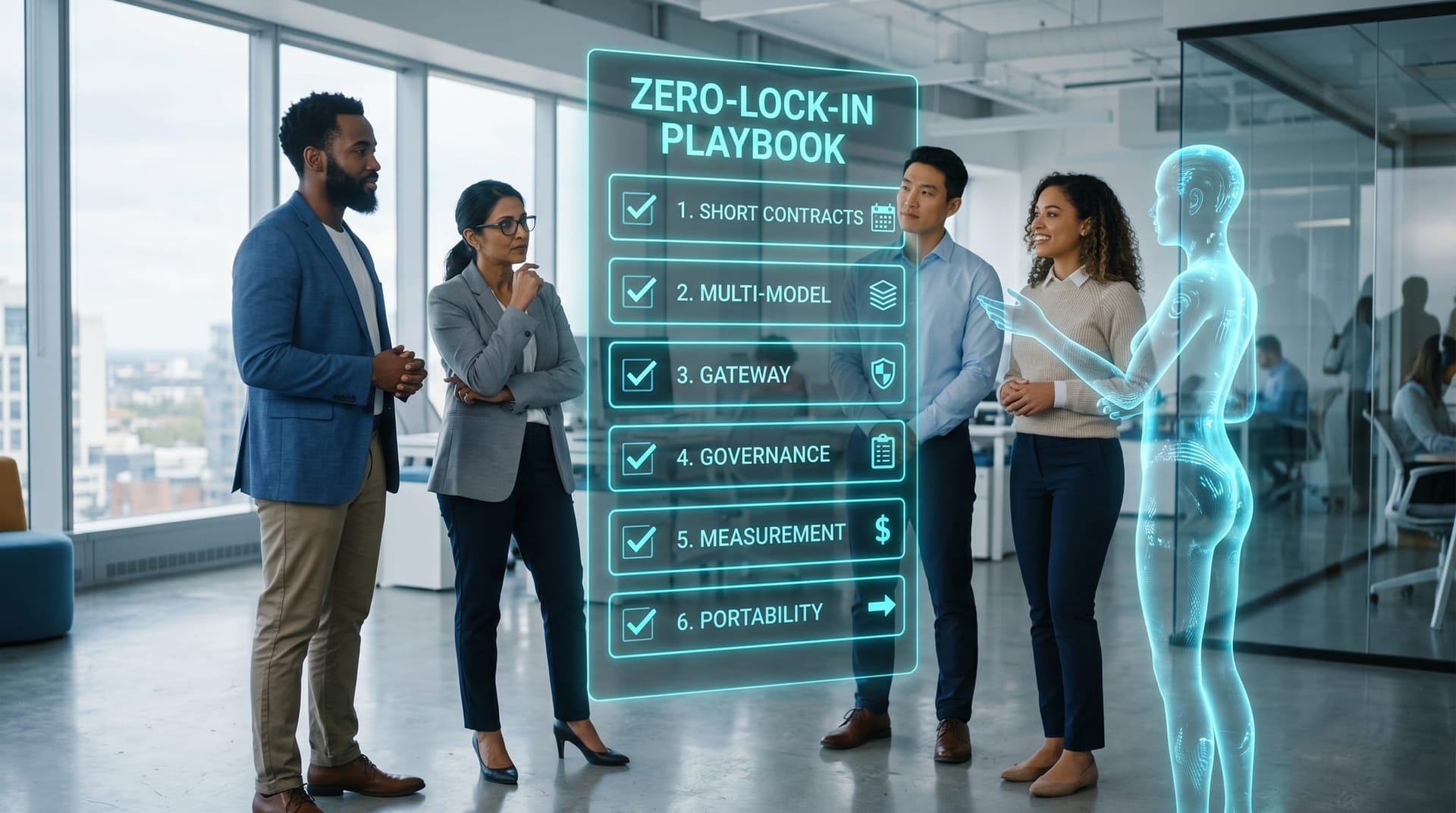 A small business team and a cyan AI Employee avatar walking through a six-step glowing checklist of short contracts, multi-model, and gateway governance.