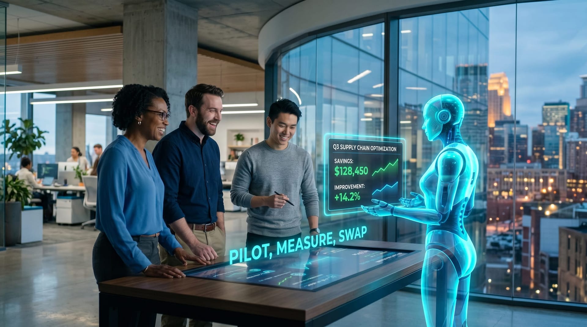 A lean Northeast Indiana business team and a cyan AI Employee avatar piloting one measured workflow on a glowing dashboard inside a Fort Wayne office.