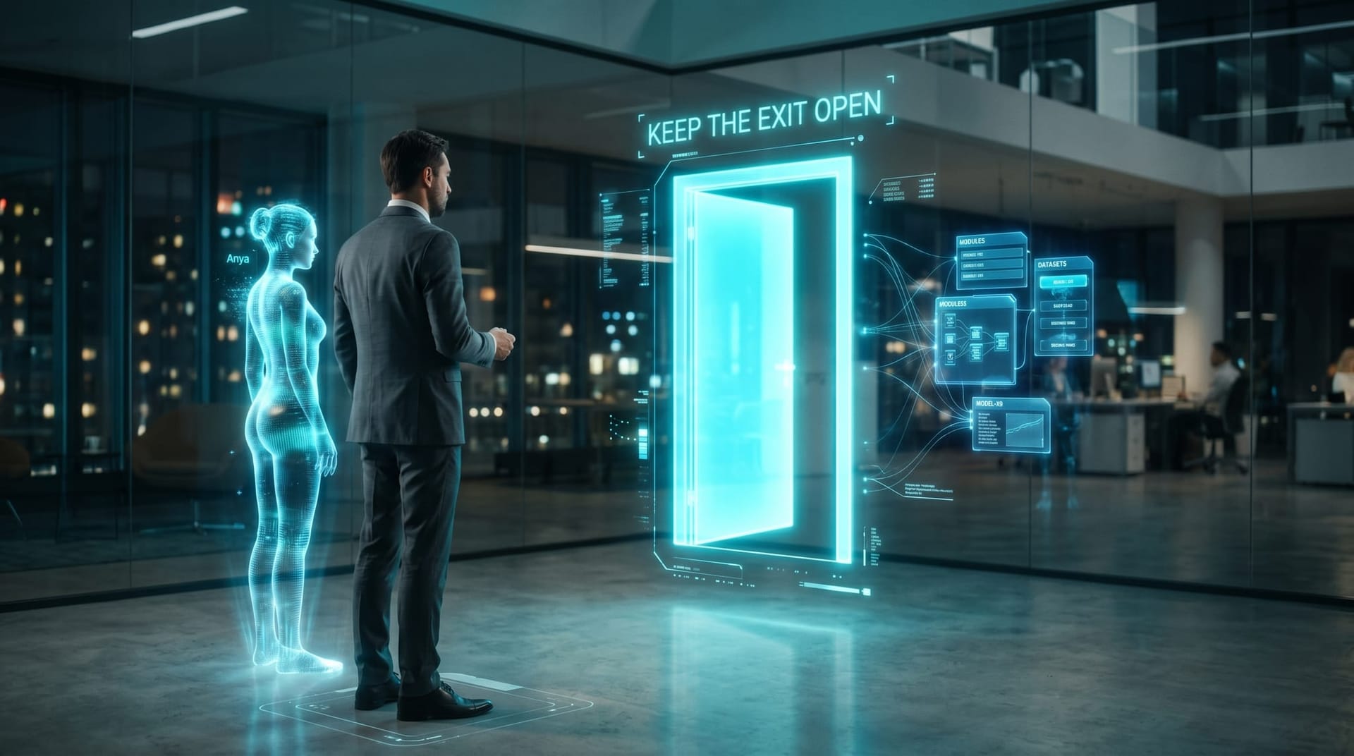 A confident business owner and a cyan AI Employee avatar standing by an open glowing exit-door icon beside a portable AI stack, symbolizing keeping the exit open.