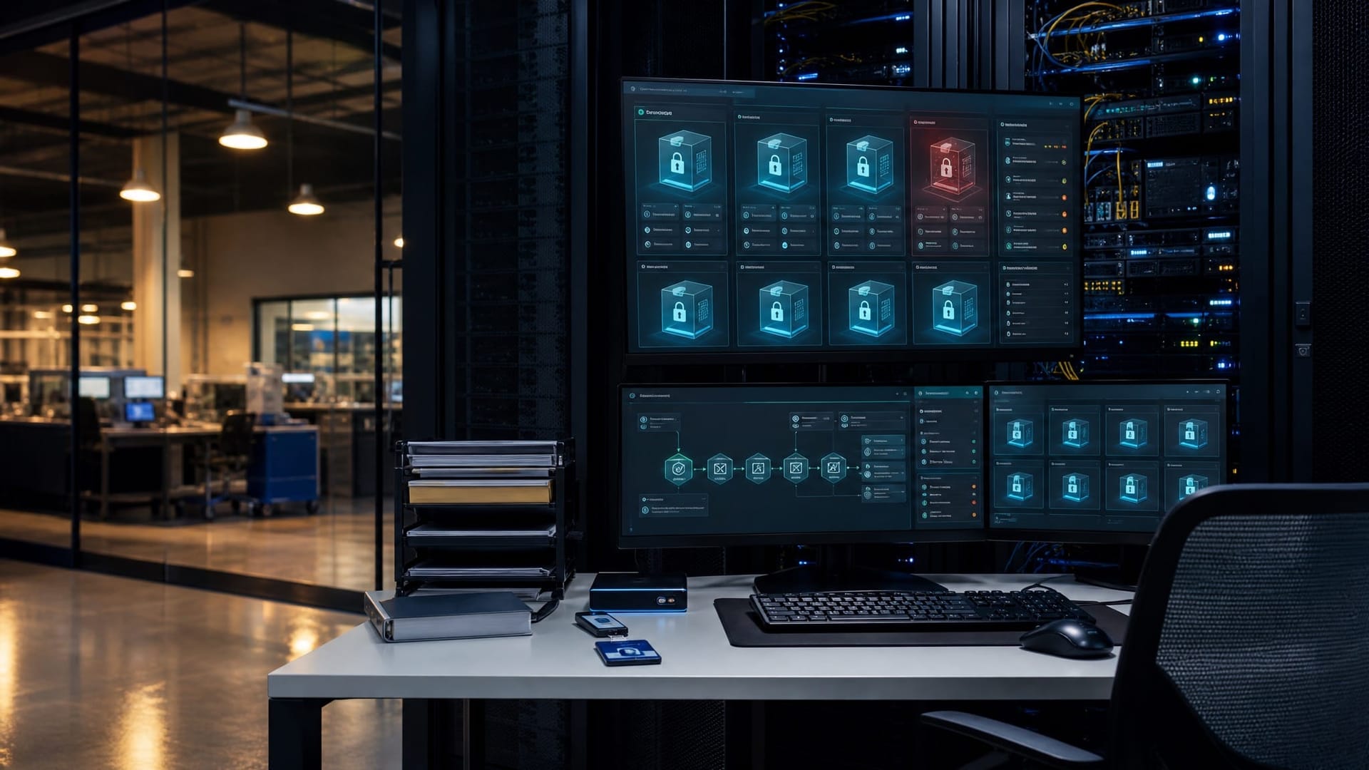 Secure zero-trust architecture environment with isolated credential vaults and AI agent monitoring dashboards on multiple screens