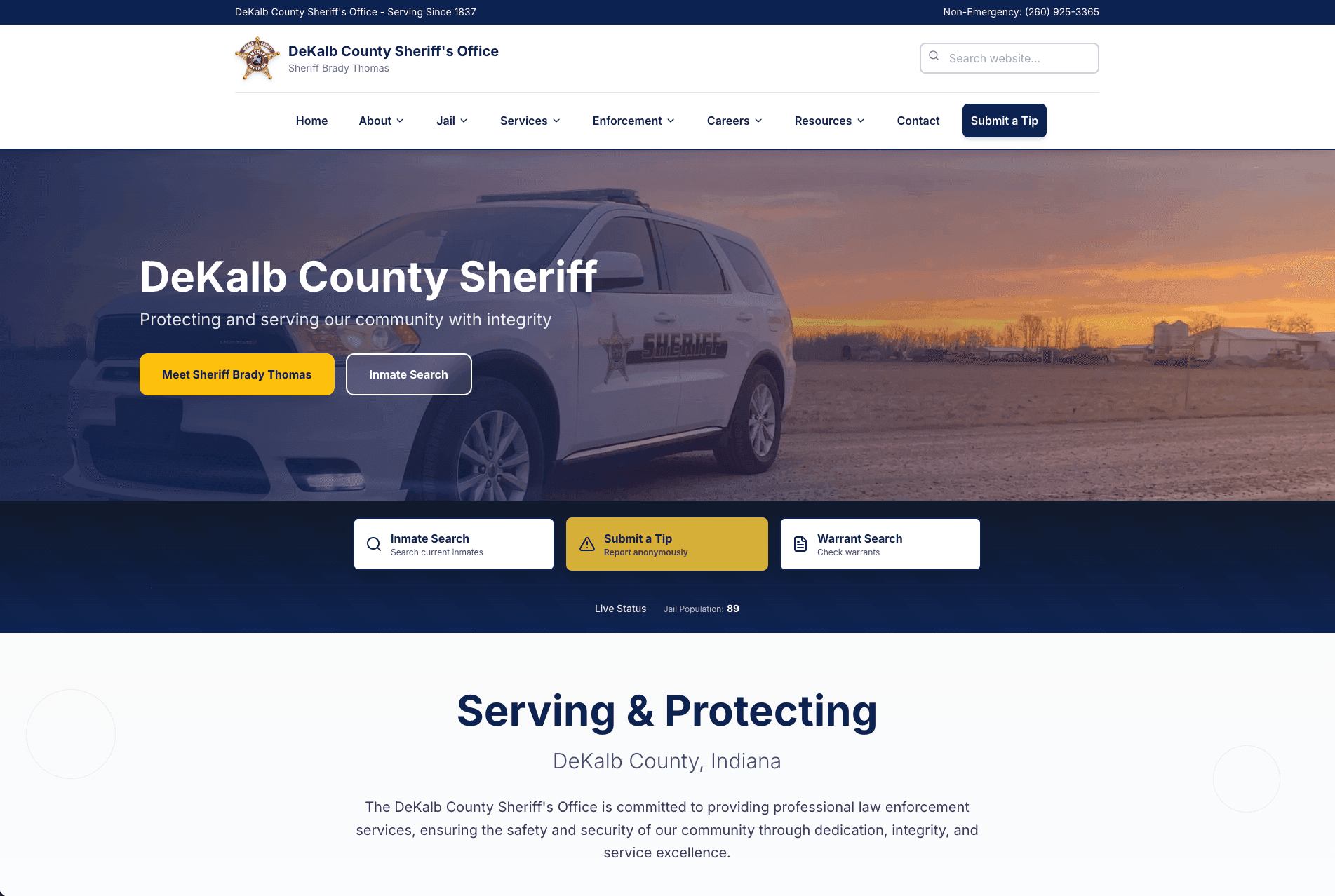 DeKalb County Sheriff's Office website built by Skywalker and the Digital Deputy AI Employee — site-wide inmate search, custom CMS for staff, and 5-minute inmate roster updates on Next.js