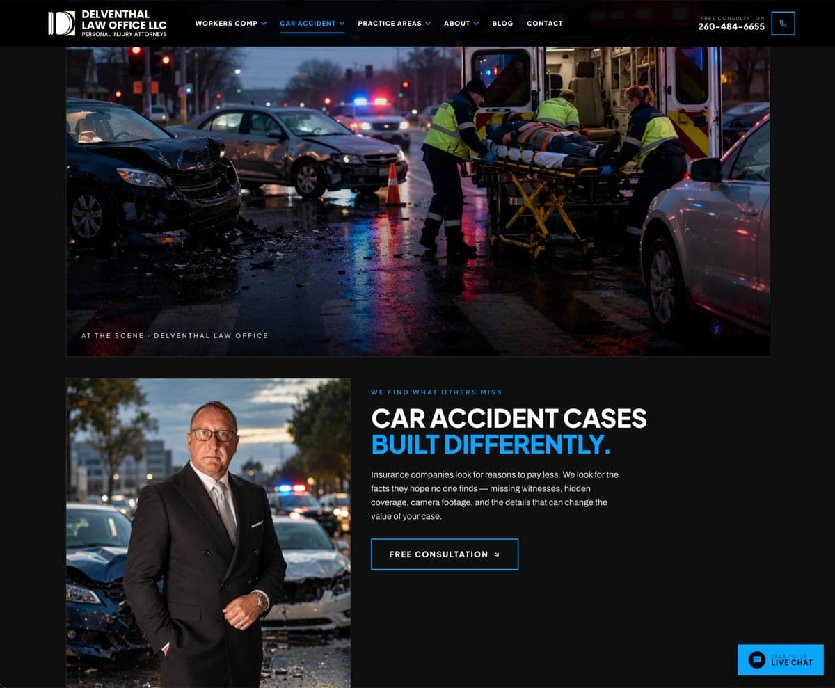 Delventhal Law Office car-accident practice-area page on the live delventhal-law.com website, designed and built by James, Cloud Radix's AI Employee