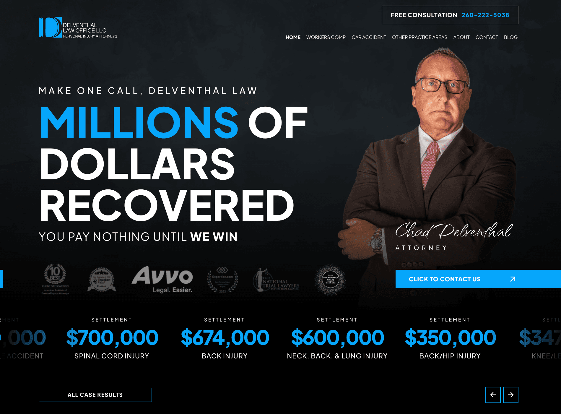 Delventhal Law Office Fort Wayne personal injury attorney website — millions of dollars recovered, settlement results, and professional design built by AI Employee James from Cloud Radix and Button Block
