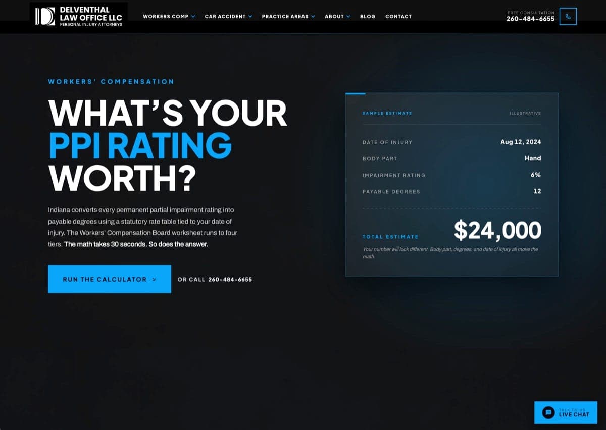 Interactive Indiana workers' compensation PPI rating calculator on the Delventhal Law Office website, built into the site by the James AI Employee from Cloud Radix