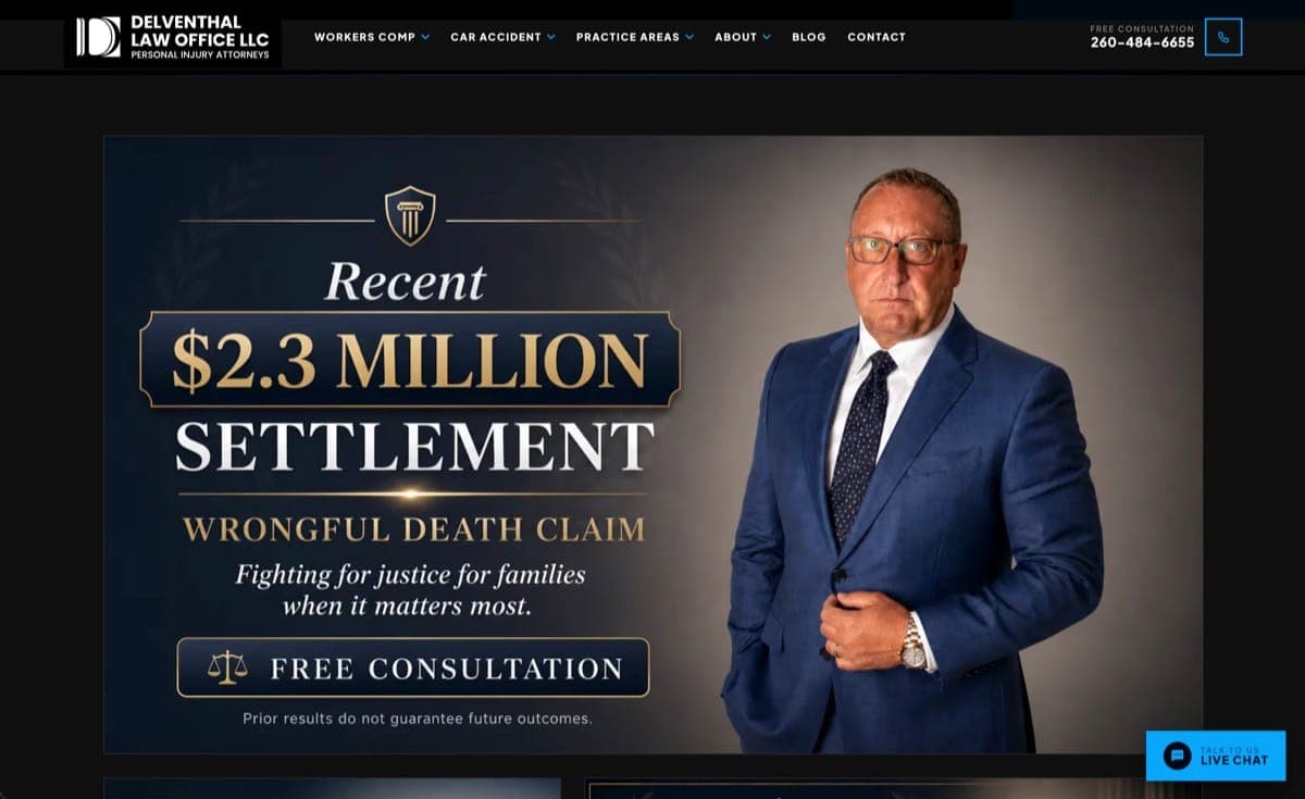 Delventhal Law Office homepage hero featuring a recent $2.3 million wrongful-death settlement — live website built by James, Cloud Radix's personal injury AI Employee