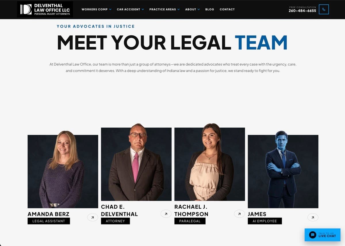 Delventhal Law Office Meet Your Legal Team page — attorney Chad Delventhal, a paralegal, a legal assistant, and James the AI Employee listed side by side on the live delventhal-law.com website built by Cloud Radix