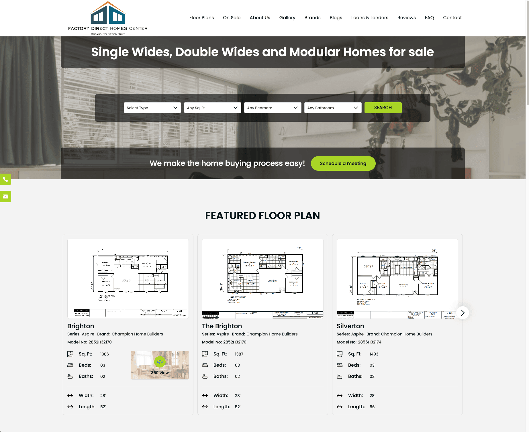 Factory Direct Homes Center Auburn Indiana website — single wides, double wides, and modular homes for sale with featured floor plans, powered by AI Employee Ava from Cloud Radix and Button Block