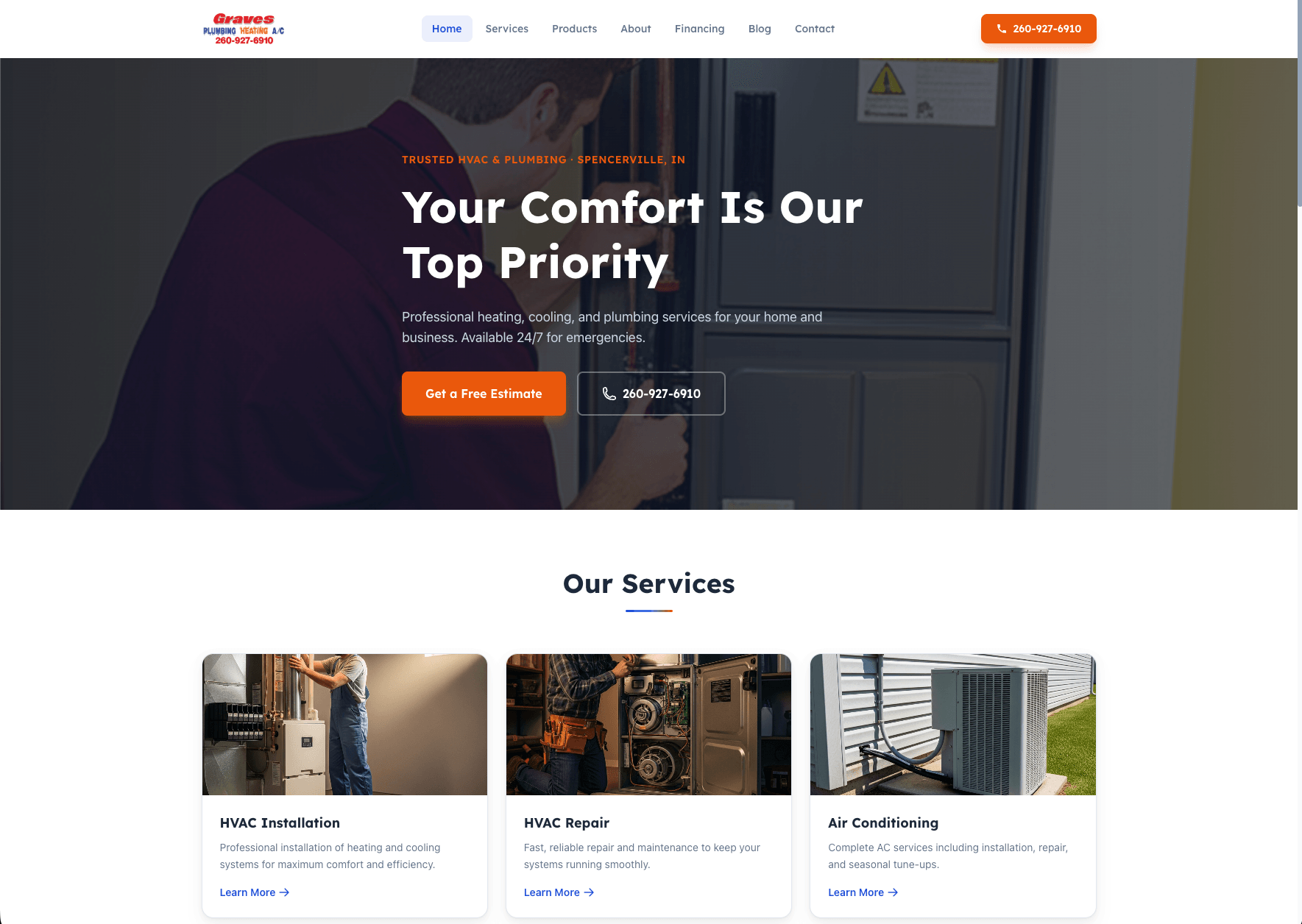 Graves Plumbing Heating and A/C website designed and built by Skywalker AI Employee from Cloud Radix — complete HVAC and plumbing website for Spencerville Indiana serving Fort Wayne, Auburn, DeKalb County, Allen County, and Noble County