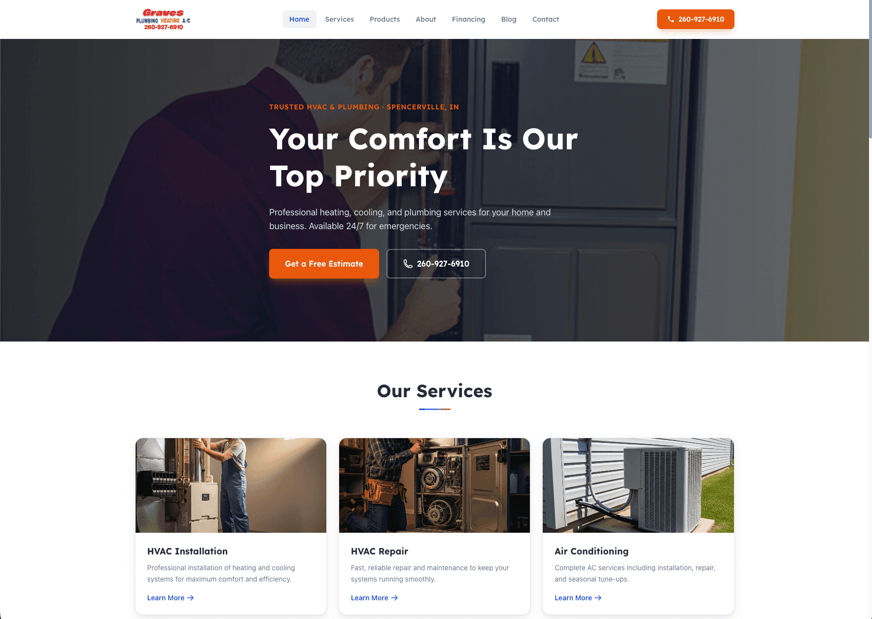 Graves Plumbing Heating and A/C website designed and built by Skywalker AI Employee from Cloud Radix — complete HVAC and plumbing website for Spencerville Indiana serving Fort Wayne, Auburn, DeKalb County, Allen County, and Noble County
