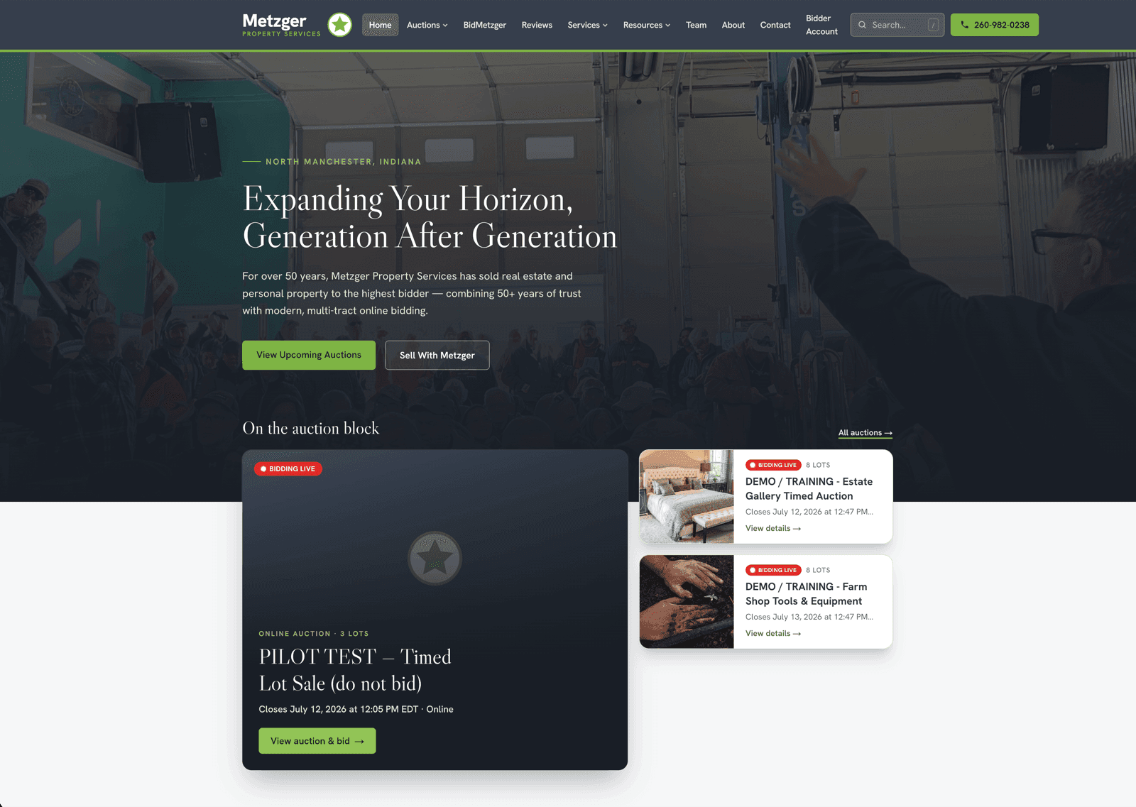 The all-new Metzger Property Services website built by Cloud Radix and Gavel — live on Vercel with the timed online auction engine running pilot and training auctions, multi-tract online bidding, and the full auction, real estate, and appraisal service catalog