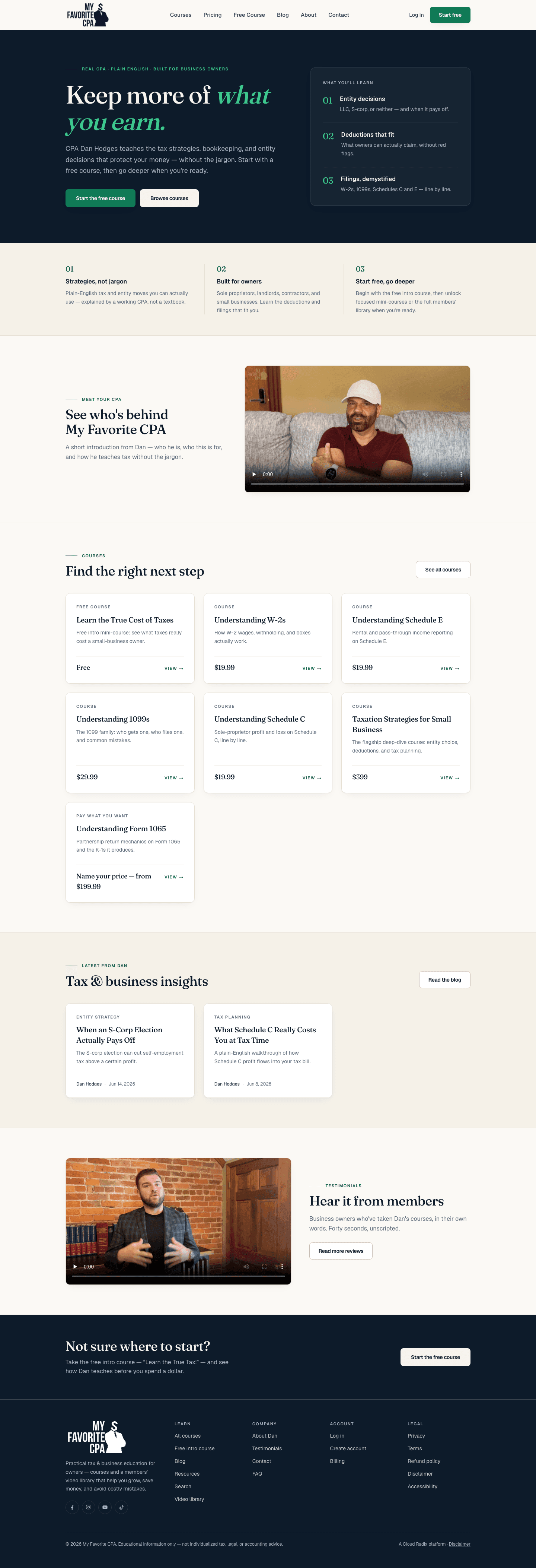 My Favorite CPA homepage showing Dan Hodges CPA, tax education courses, articles, and testimonials
