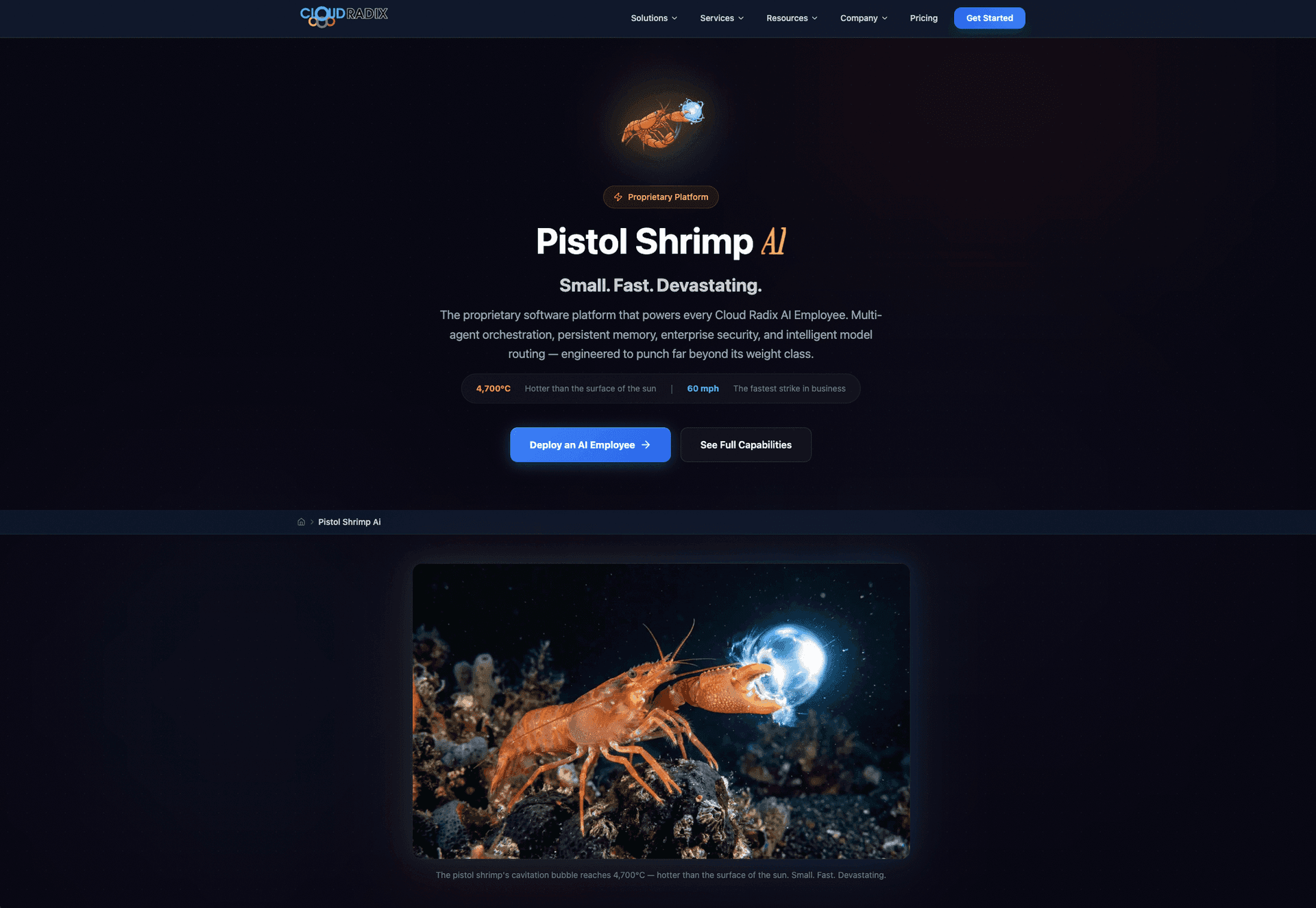 Cloud Radix Pistol Shrimp AI platform — proprietary multi-agent orchestration, persistent memory, and enterprise security powering every AI Employee, built by Skywalker from Button Block