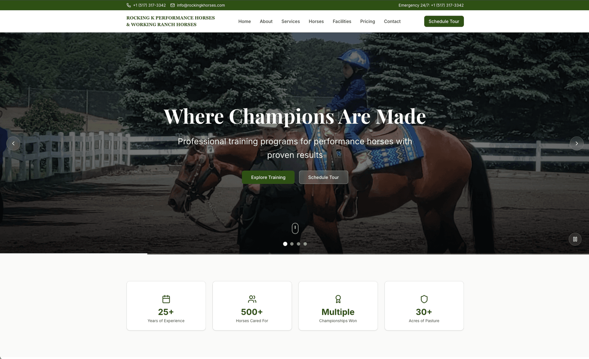 Rocking K Performance Horses homepage — Where Champions Are Made — professional website and custom CMS by Skywalker, Cloud Radix AI Employee