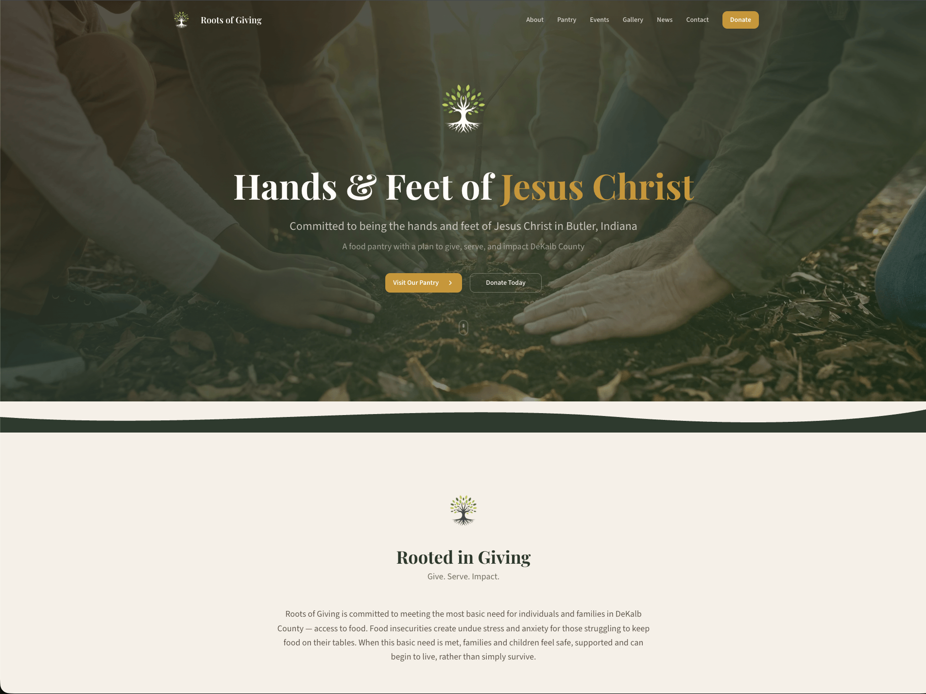 Roots of Giving charity website built by Skywalker AI Employee — food pantry donation platform serving Butler, Indiana and DeKalb County families in need