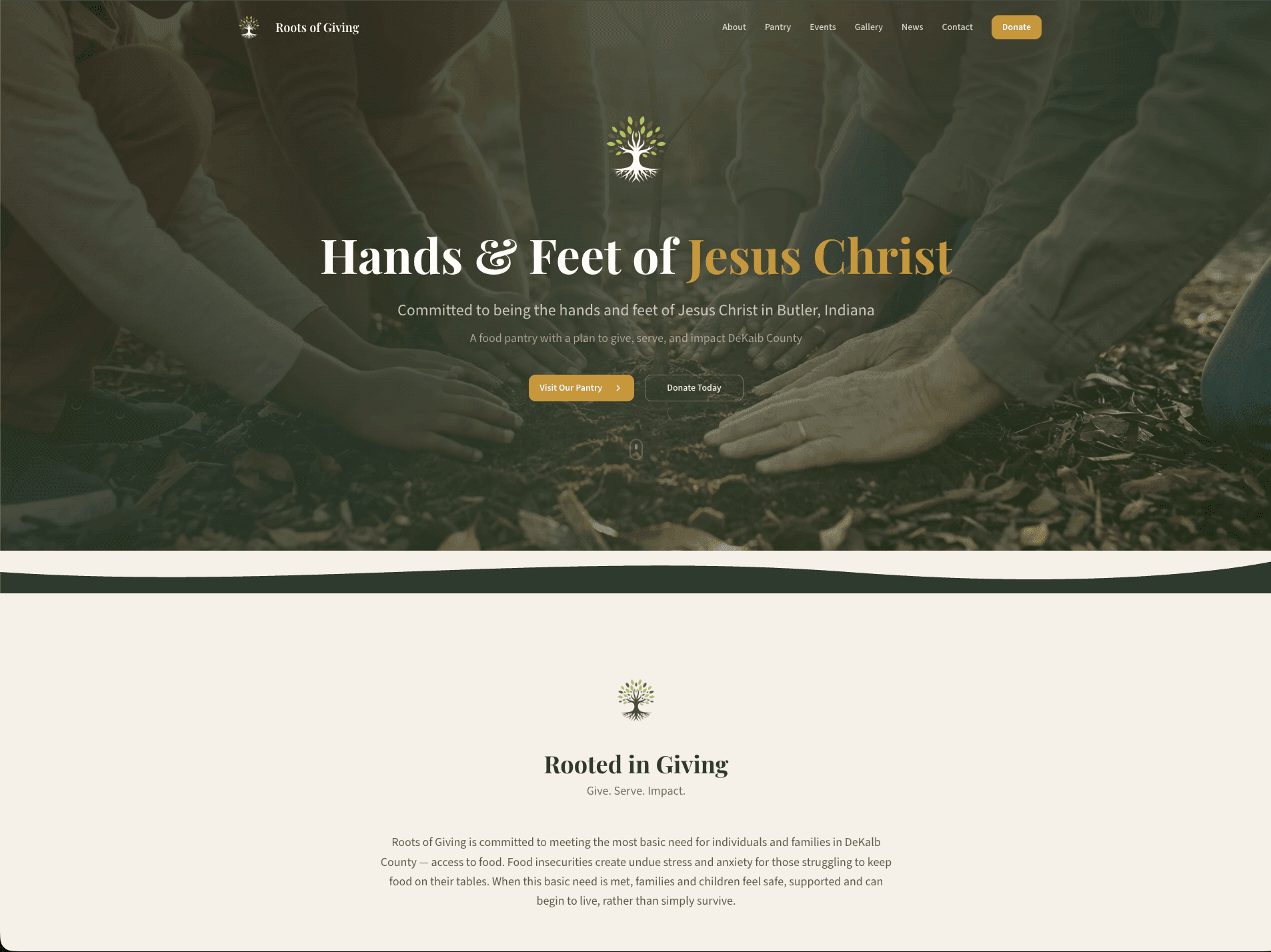 Roots of Giving charity website built by Button Block and Skywalker AI Employee — food pantry donation platform serving Butler, Indiana and DeKalb County families in need