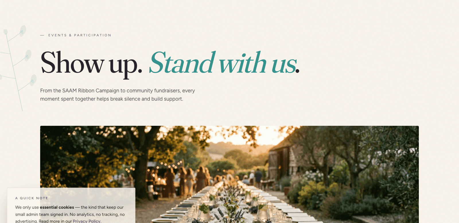 Saving Grace Events page — Show up, Stand with us — community fundraisers and SAAM Ribbon Campaign awareness events