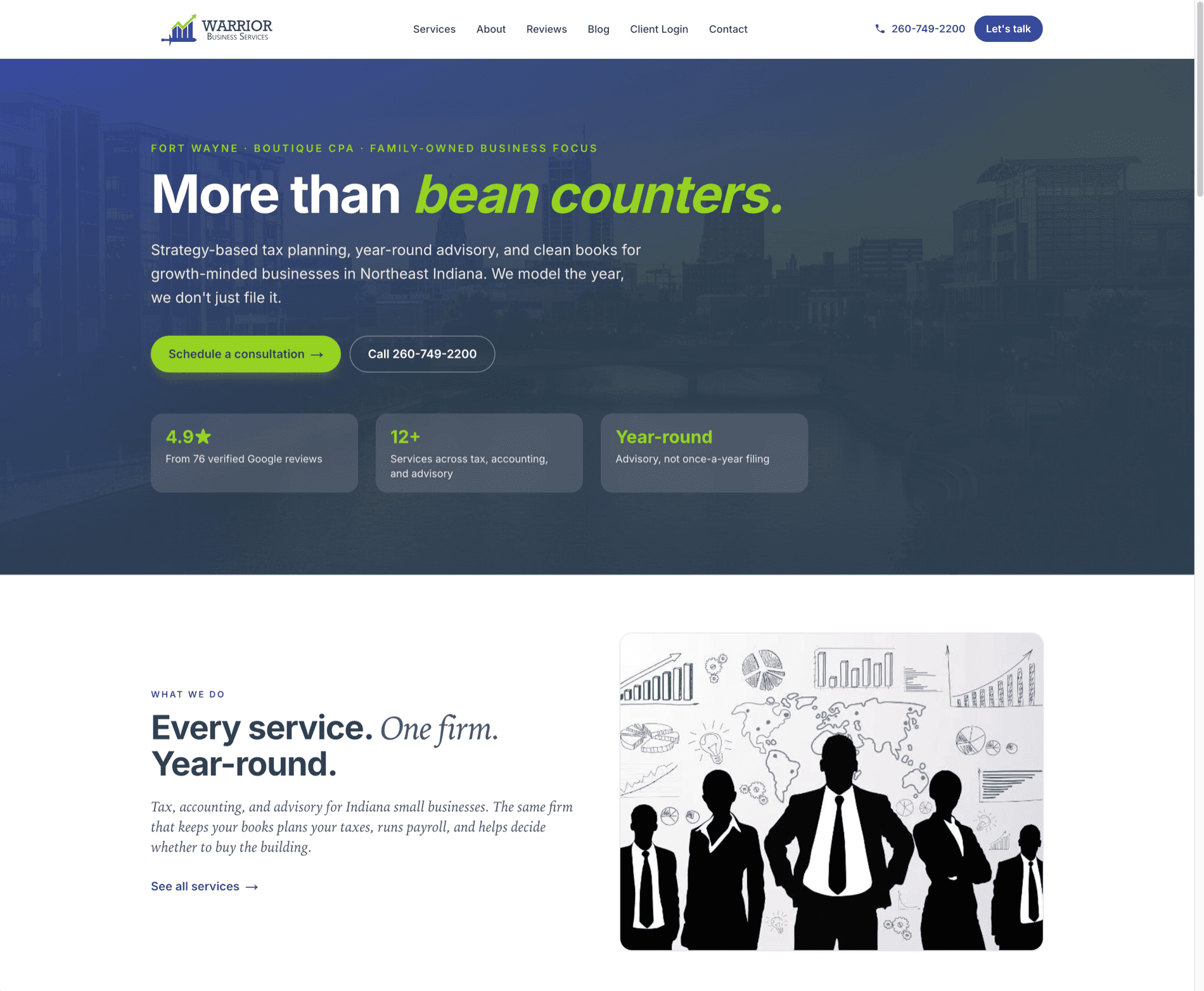 Warrior Business Services Fort Wayne CPA firm homepage — 'More than bean counters' hero with strategy-based tax planning and year-round advisory, built on Next.js by Cloud Radix and Button Block