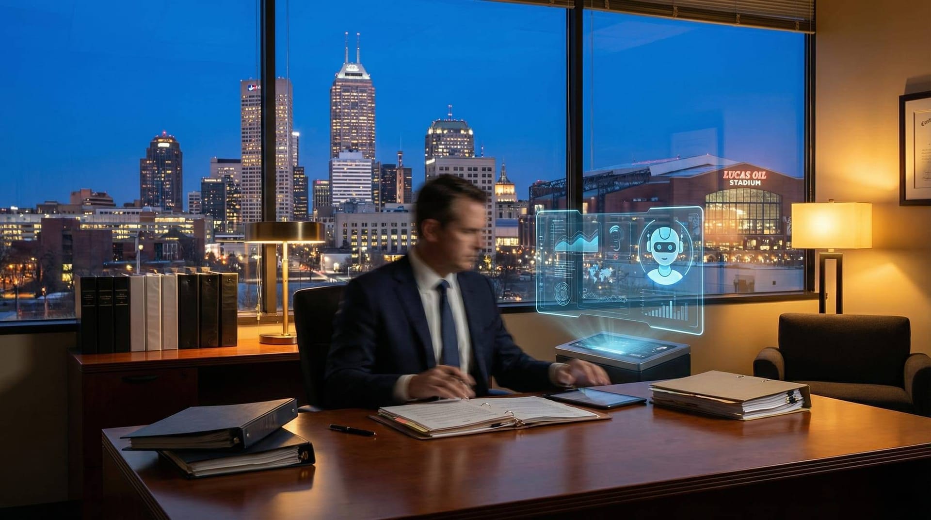 Indianapolis personal injury attorney reviewing case files while AI Employee handles after-hours client intake with downtown Indianapolis skyline