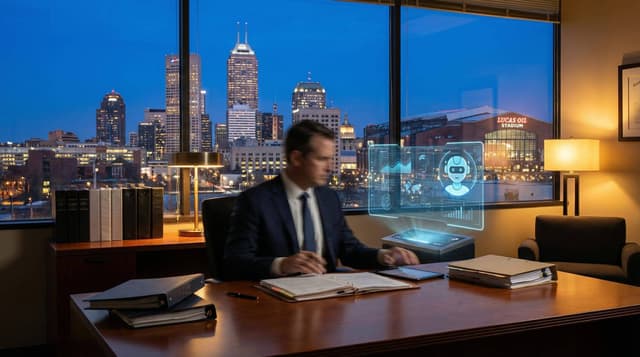 Indianapolis personal injury attorney reviewing case files while AI Employee handles after-hours client intake with downtown Indianapolis skyline