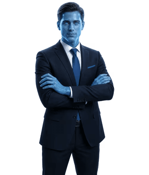 James, the AI Employee Cloud Radix designed, developed, deployed, and manages for Delventhal Law Office — a professional in a dark suit with a blue holographic AI glow, arms crossed and ready for duty