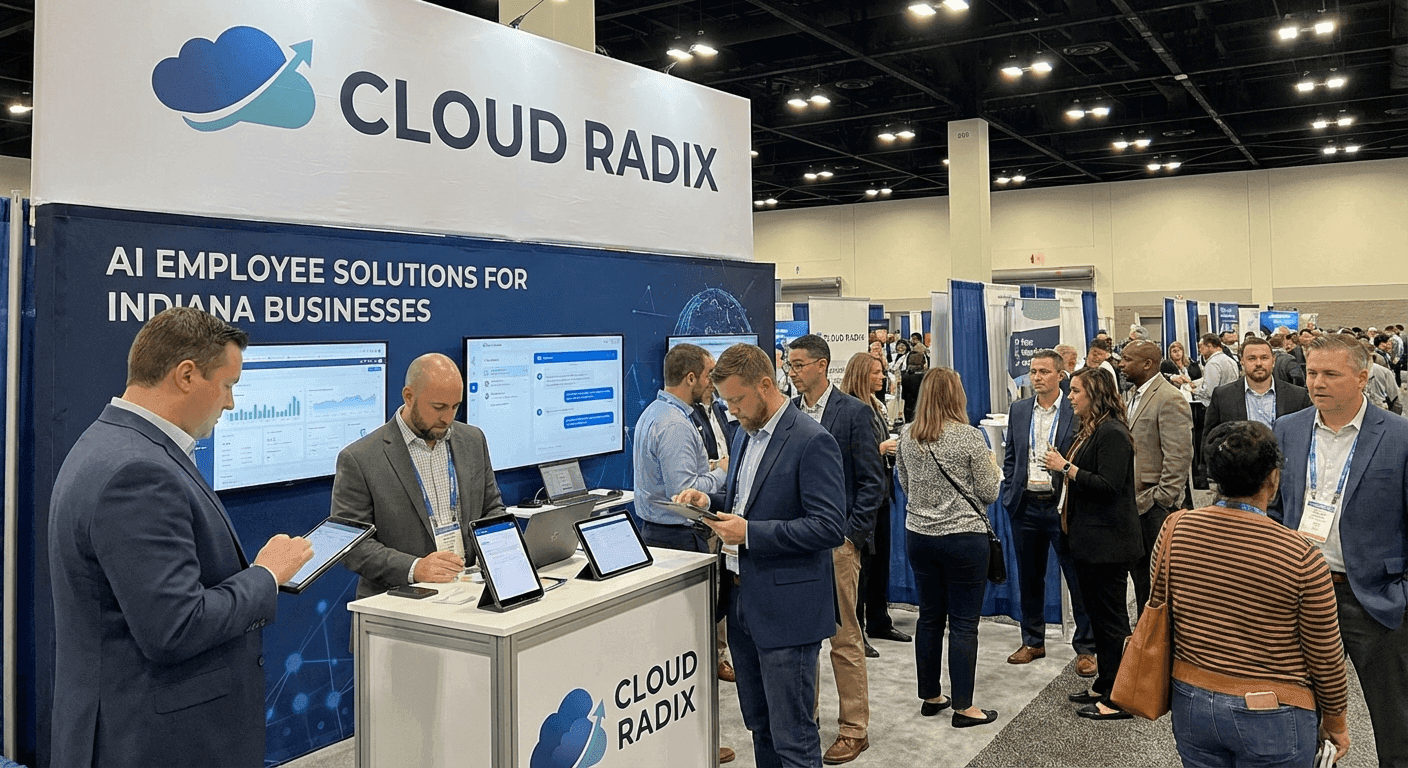 Cloud Radix AI Employee solutions booth at an Indiana business expo — demonstrating AI Employee technology to Fort Wayne and Northeast Indiana business owners