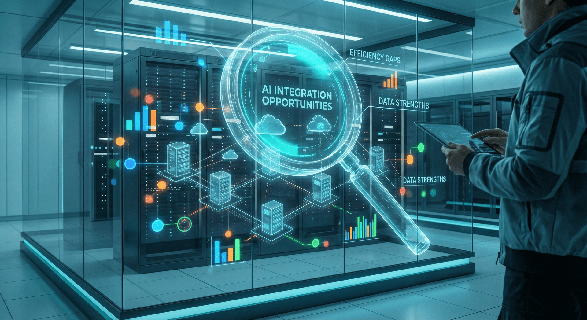 AI readiness assessment — Cloud Radix consultant analyzing integration opportunities and data strengths during on-site business audit