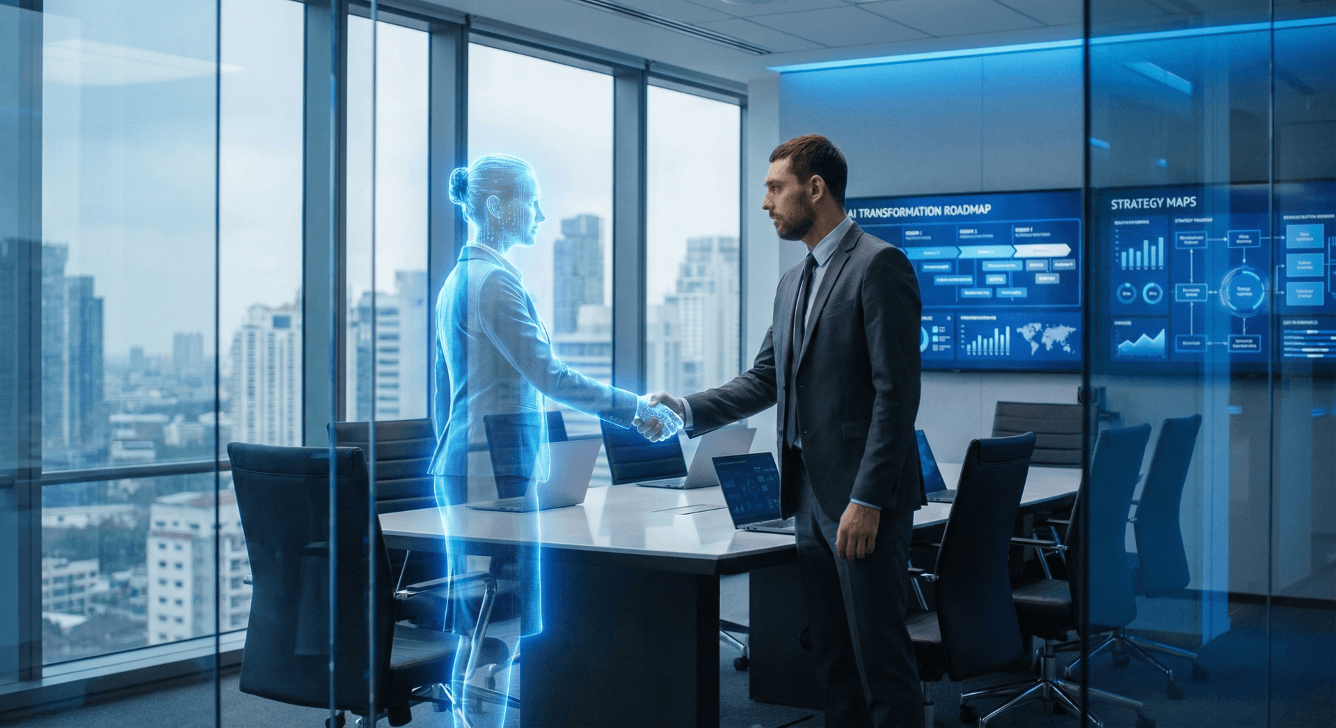 AI consulting partnership for Fort Wayne businesses — Cloud Radix advisor reviewing transformation roadmap and strategy maps with a Fort Wayne business owner