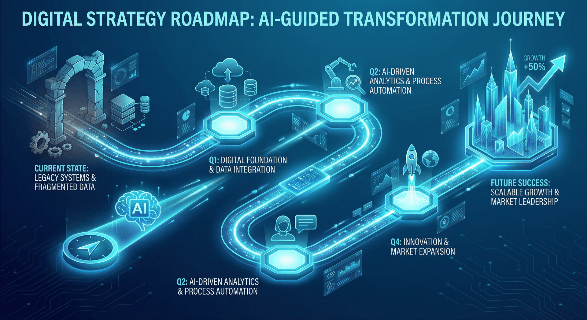 AI automation strategy roadmap for Fort Wayne businesses — from legacy systems to scalable AI-driven growth with quarterly milestones