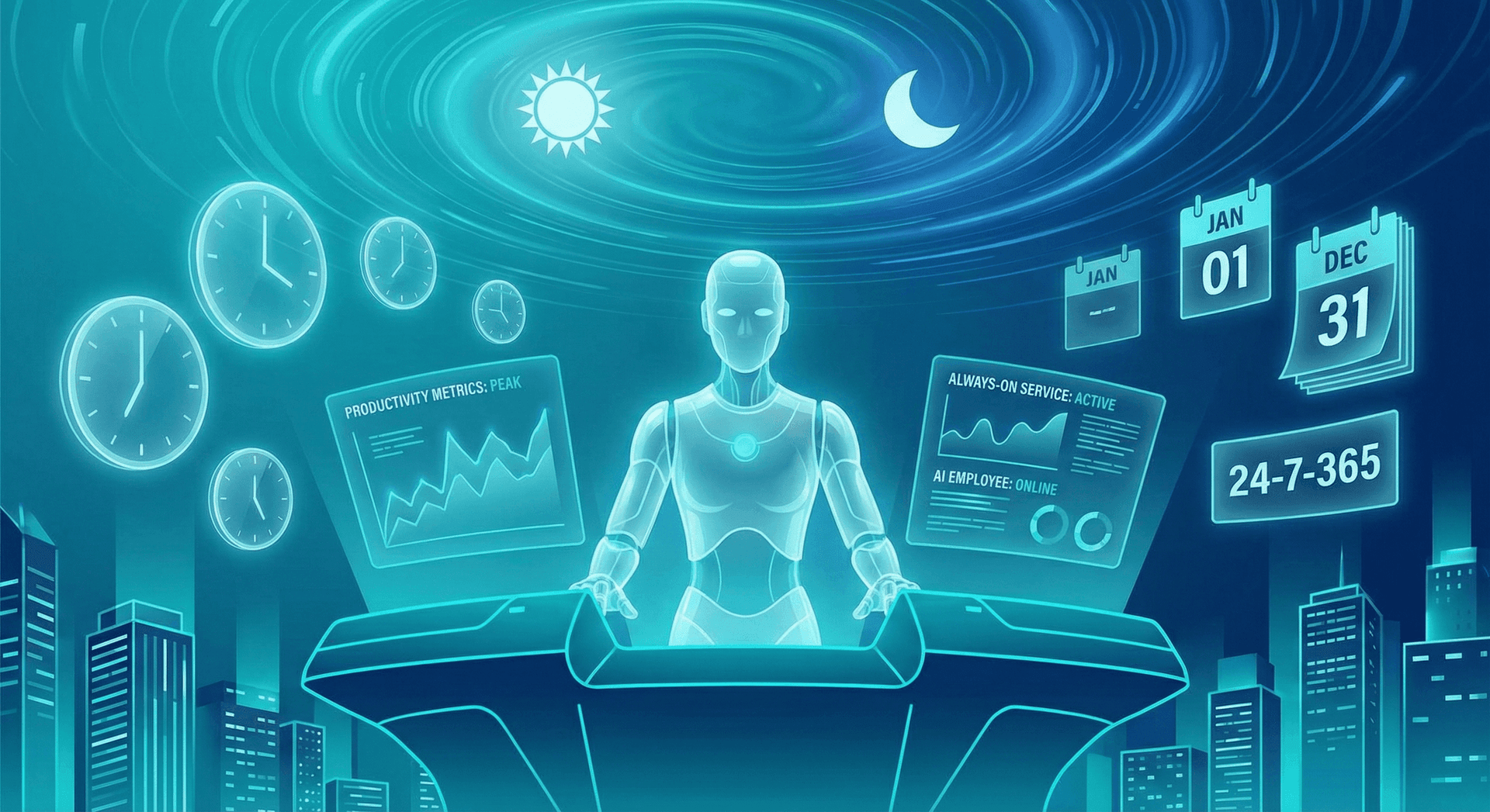 AI Employee working 24/7/365 — always-on service with productivity metrics, handling tasks day and night across all time zones