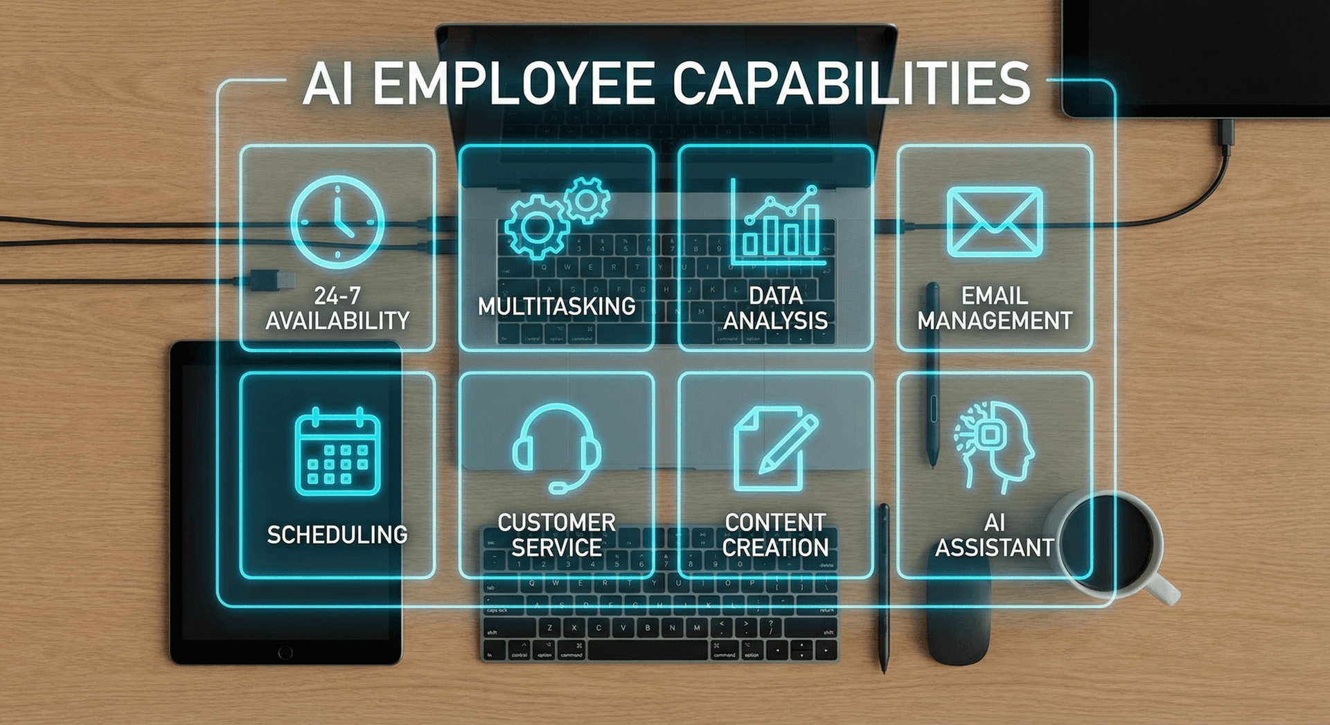 AI Employee capabilities overview — 24/7 availability, multitasking, data analysis, email management, scheduling, customer service, content creation, and AI assistant functions