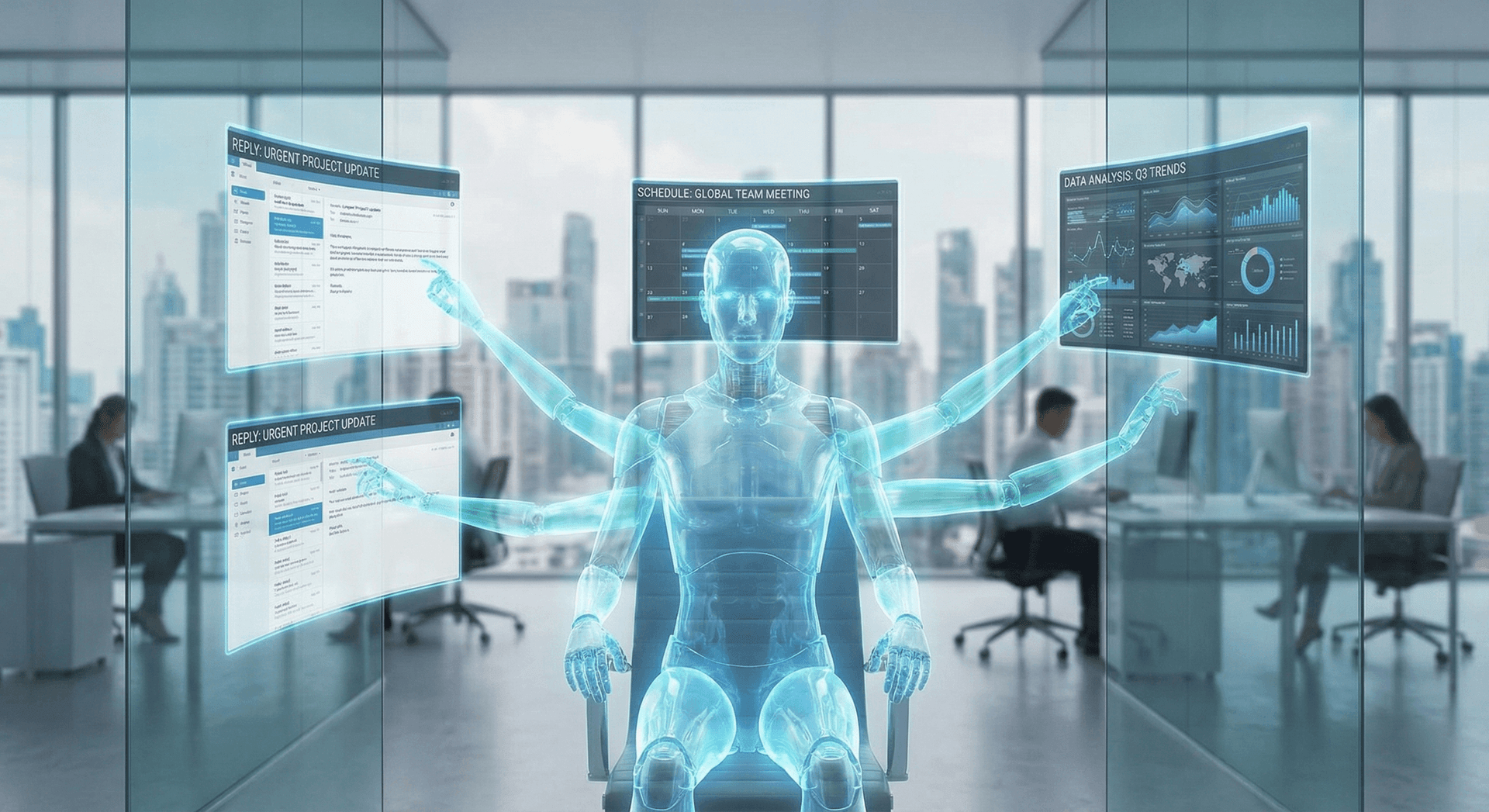 AI Employee simultaneously managing multiple tasks — emails, scheduling, project updates, and analytics dashboards in modern office