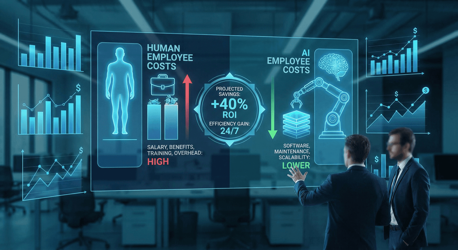 AI Employee ROI comparison for Fort Wayne businesses — human employee costs vs AI Employee costs with 40% projected savings and 24/7 efficiency gains