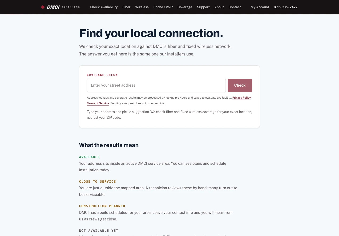 DMCi Broadband dedicated availability page in the current website preview
