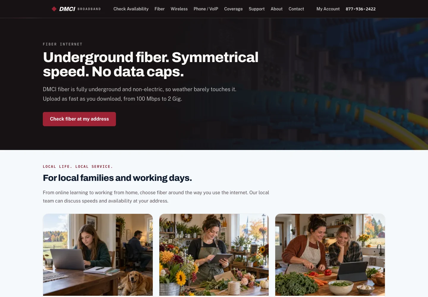 DMCi Broadband fiber service page in the current preview