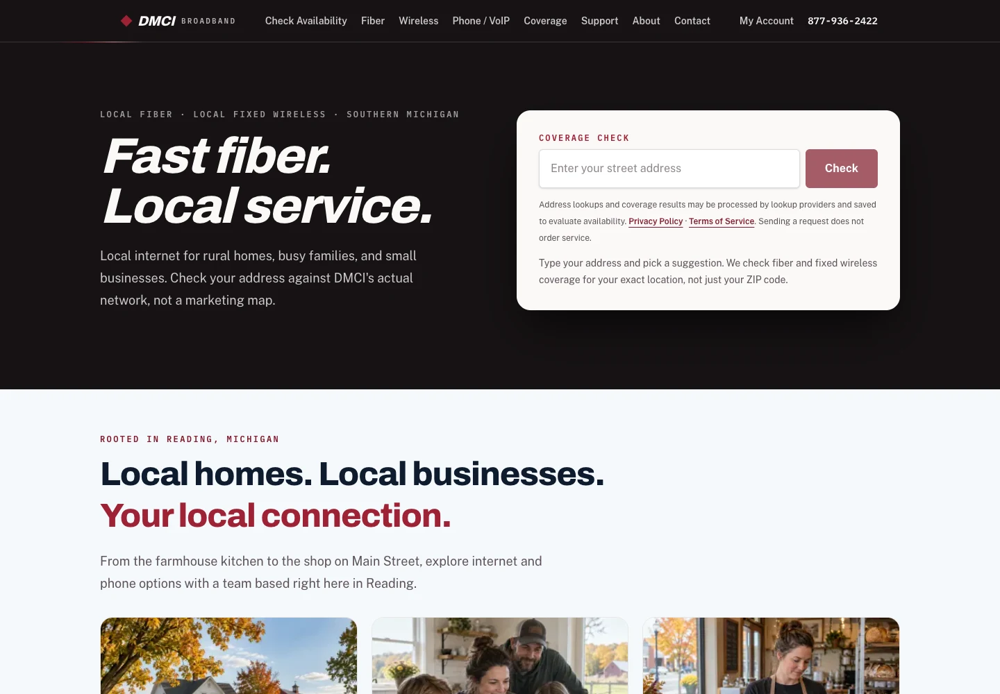 DMCi Broadband preview homepage showing its local-first brand and address availability checker