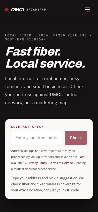 DMCi Broadband preview homepage on a mobile screen