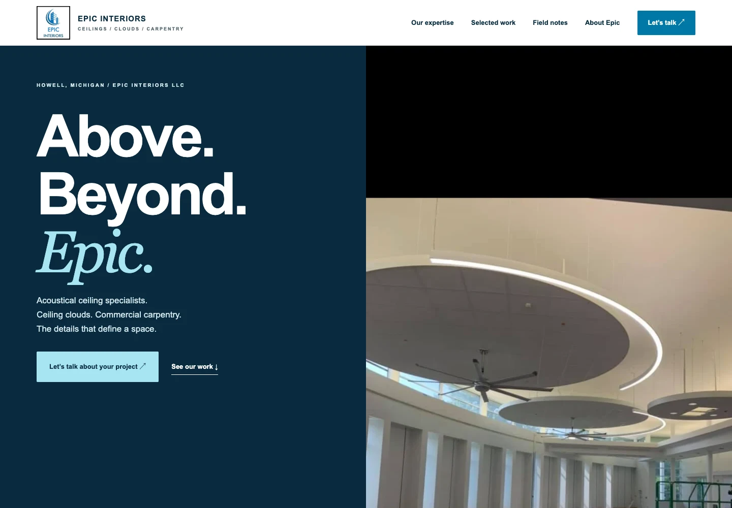 Epic Interiors live homepage featuring commercial interior photography and its editorial design