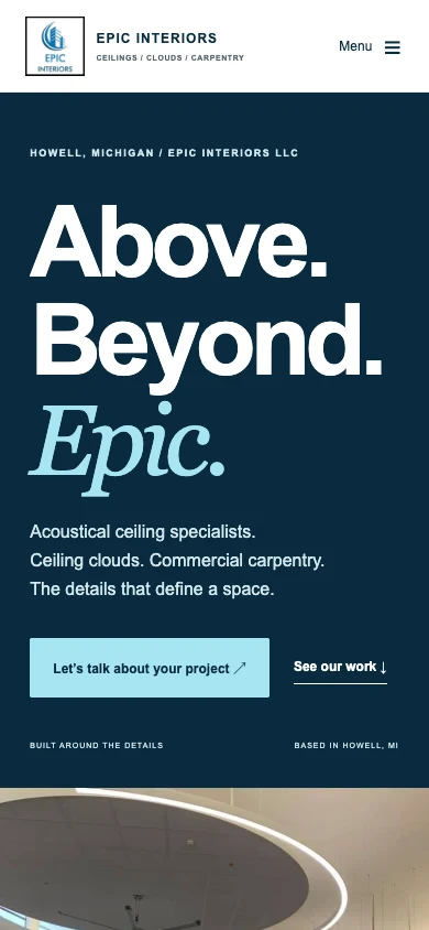 Epic Interiors homepage at a mobile phone viewport