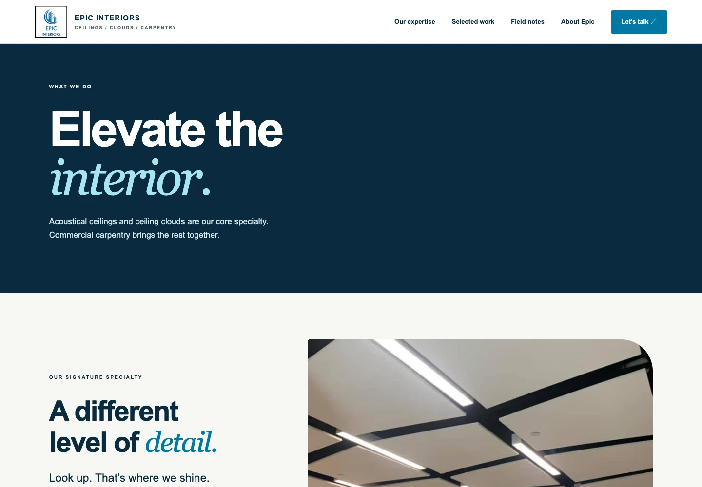 Epic Interiors service page explaining its commercial interior capabilities